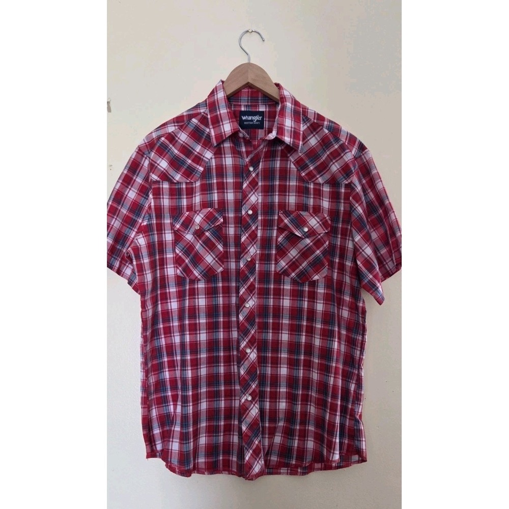 vtg WRANGLER WESTERN SHIRT Pearl Snap Red Black White Plaid Short Sleeve Mens LG